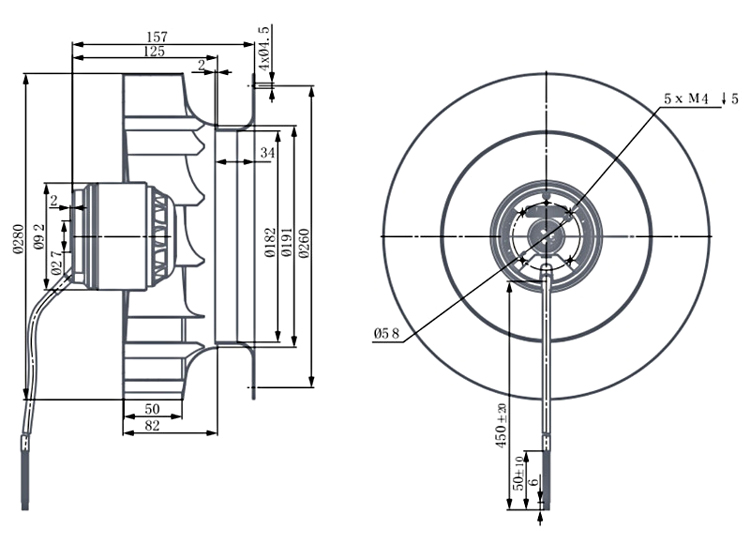 AC backward curved centrifugal fan dimension