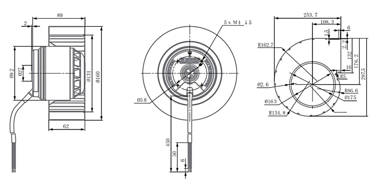 AC forward curved centrifugal fan dimension