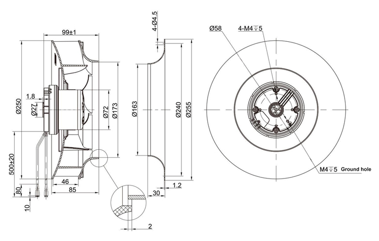 DC backward curved centrifugal fan dimension