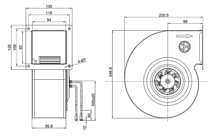 DC single inlet centrifugal fan dimension