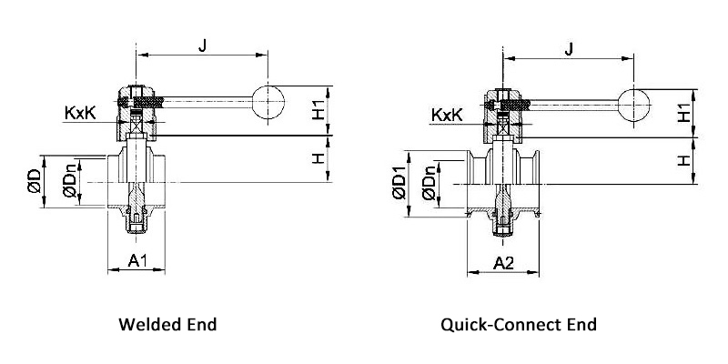 Dimensions of Welded End and Quick Connect End Stainless Steel Sanitary Butterfly Valve