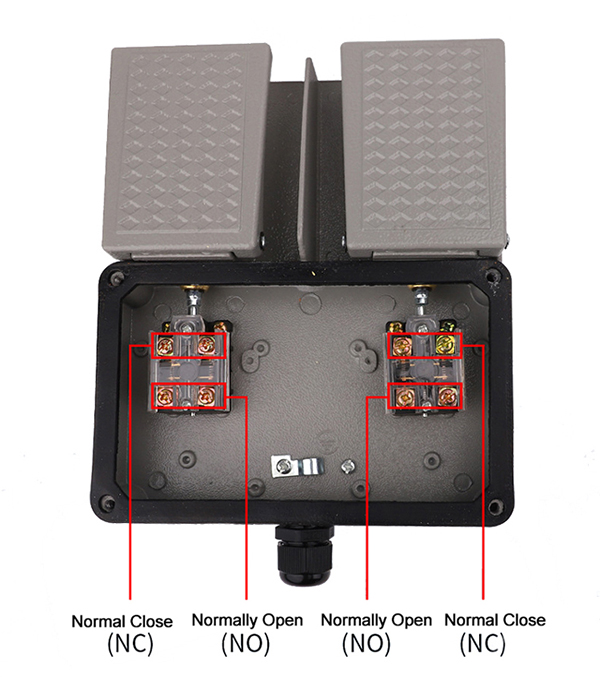 Double foot switch with emergency stop button wiring