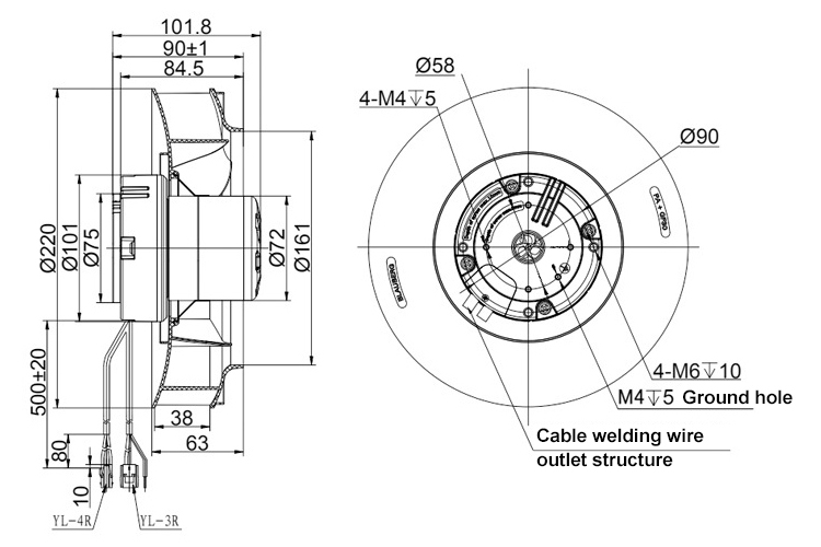 EC backward curved centrifugal fan dimension