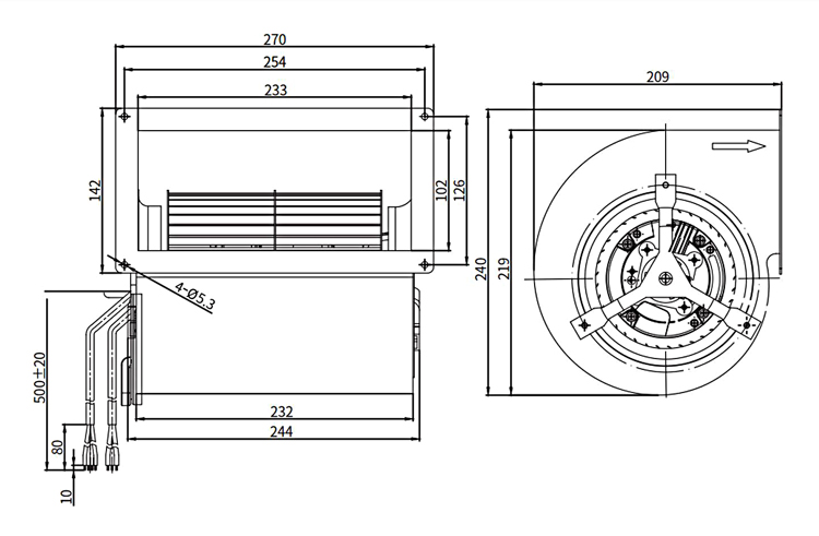 EC double inlet centrifugal fan dimension