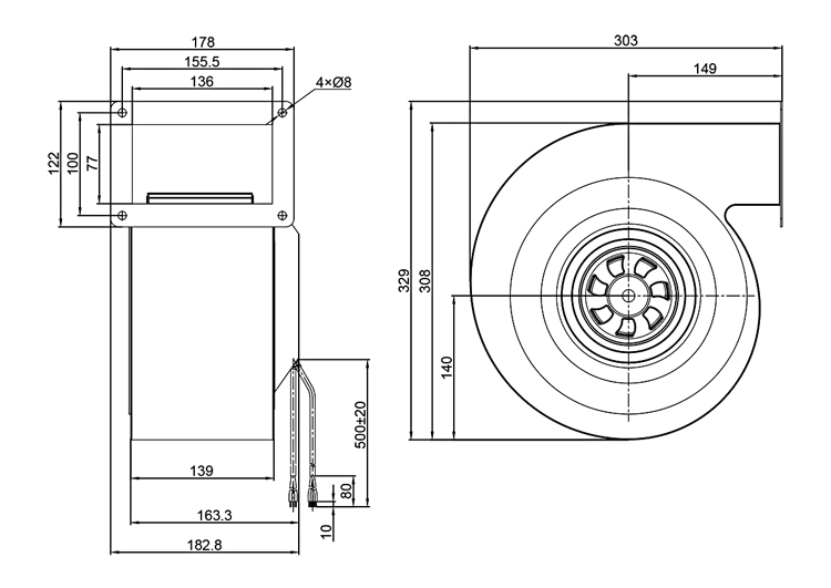 EC single inlet centrifugal fan dimension