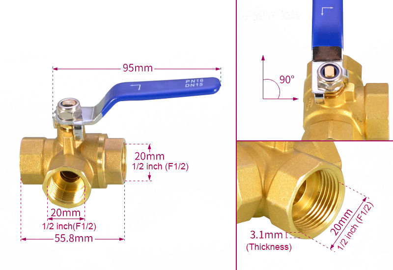 L type 1/2 inch 3 way brass ball valve dimension