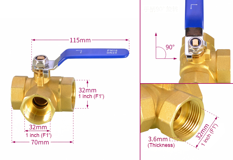 L type 1 inch 3 way brass ball valve dimension