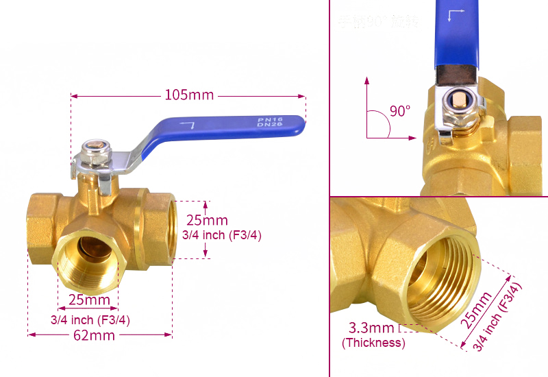 L type 3/4 inch 3 way brass ball valve dimension