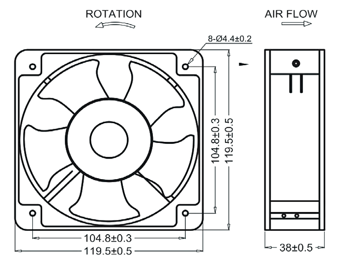 120mmx120mmx38mm AC axial cooling fan dimension