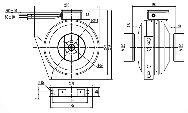 5 inch (125mm) inline centrifugal duct fan dimension