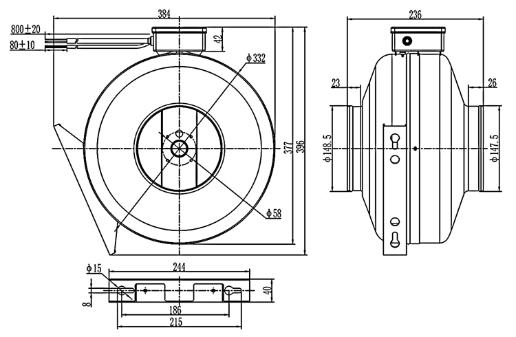 6 inch (150mm) inline centrifugal duct fan dimension