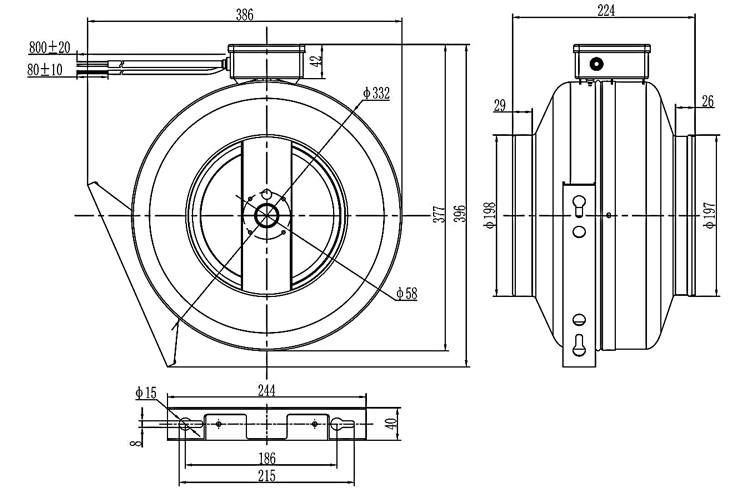 8 inch (200mm) inline centrifugal duct fan dimension