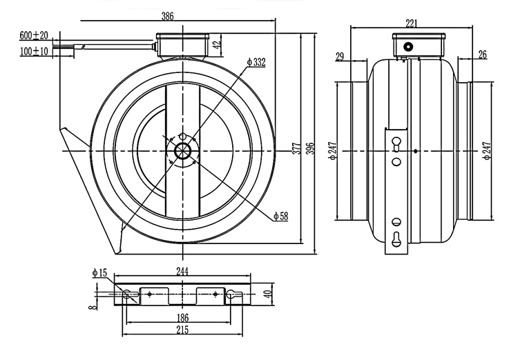 10 inch (250mm) inline centrifugal duct fan dimension