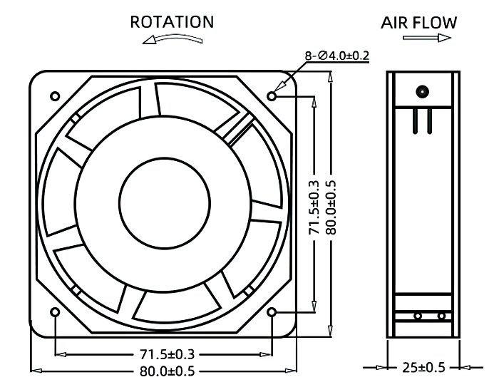 80mmx80mmx25mm AC axial cooling fan dimension