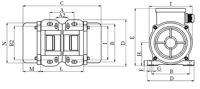 Dimensions of 100W 24V dc brushed vibration motor