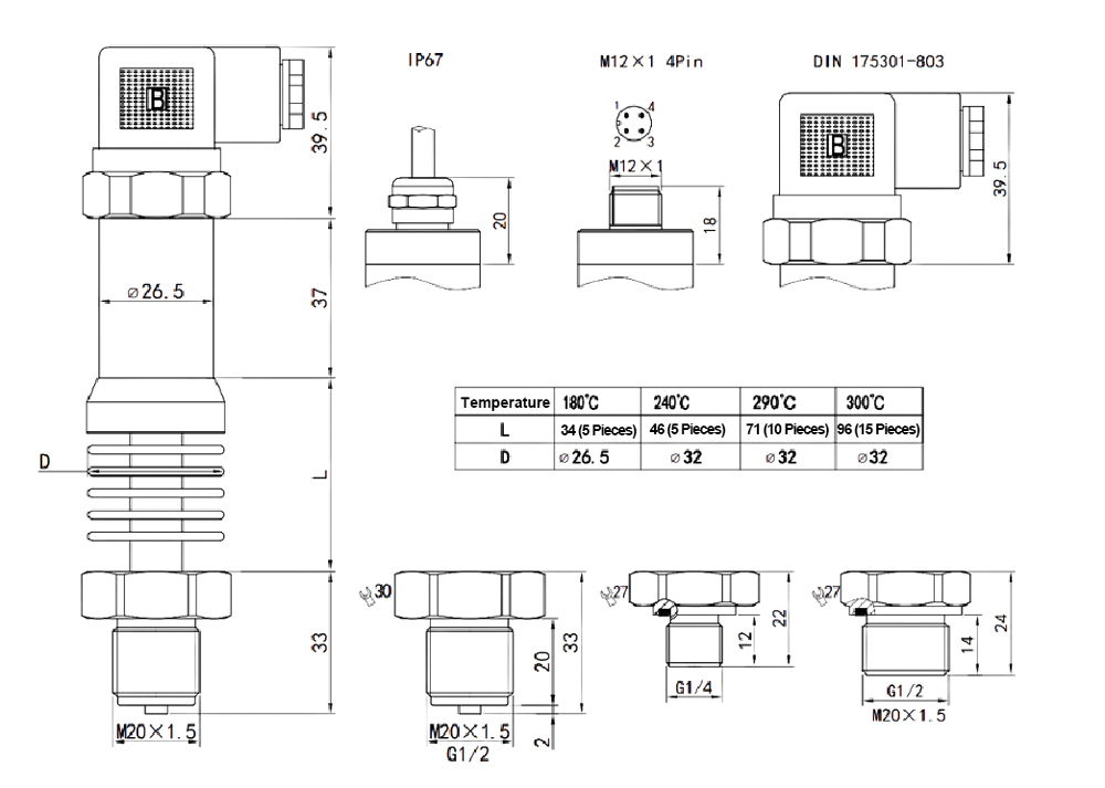 Stainless steel high temperature pressure transmitter dimension