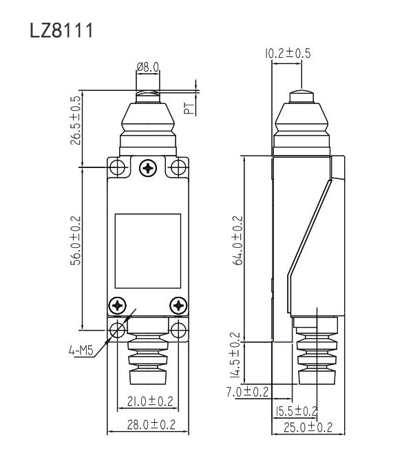 Micro travel limit switch with push plunger dimension