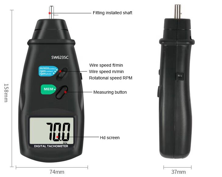 Portable Contact Digital Tachometer, 0.5 rpm-19999 rpm