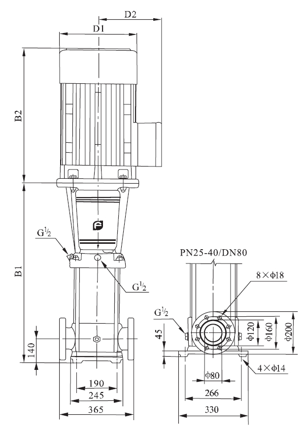 Vertical multistage centrifugal pump dn80 dimension