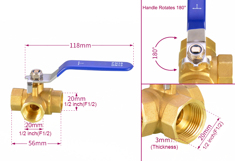 T type 1/2 inch 3 way brass ball valve dimension