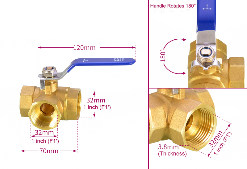 T type 1 inch 3 way brass ball valve dimension