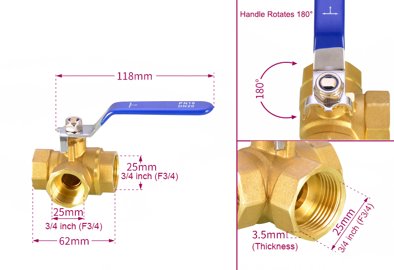 T type 3/4 inch 3 way brass ball valve dimension